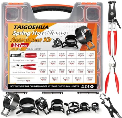 327-Pcs 65Mn Spring Clamps Kit (23 Sizes, 6-38mm) with Swivel Jaw Pliers,Hose Removal Pliers & Tweezers - Constant Tension Fit For Fuel, Coolant, Vacuum & Silicone Hose（Black） by Taigoehua