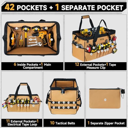 18.5-Inch Tool Bag,43 Pockets Tool Bags for Men,Heavy Duty Tool Box Organizer Storage,Wide Mouth Toolbag Tools Tote Carrying Case for Dad,Mechanic,Electrician,Brown,Bag Only - Image 3