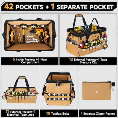18.5-Inch Tool Bag,43 Pockets Tool Bags for Men,Heavy Duty Tool Box Organizer Storage,Wide Mouth Toolbag Tools Tote Carrying Case for Dad,Mechanic,Electrician,Brown,Bag Only - Image 3