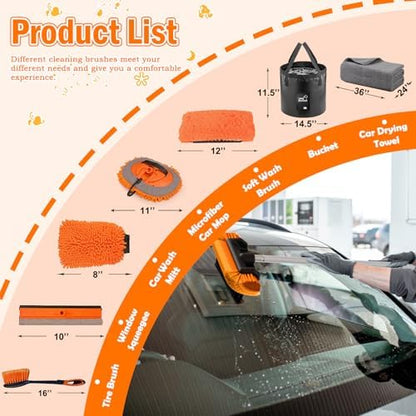 LAANPOLE 16FT Car Wash Brush with Long Handle, Car Cleaning Kit with Soft Bristle Wash Brush, Microfiber Cleaning Mop, Window Squeegee, Mitt, Wheel Brush, Bucket, Drying Towel for RV, Truck, Boat - Image 2
