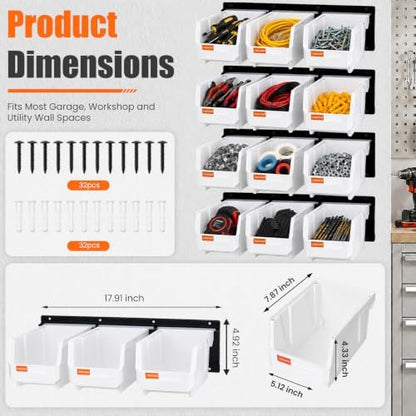 12pc Wall-Mounted Storage Organizer Set with Metal Rails White - Image 2