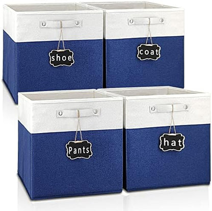 13x13x13 Inch Large Foldable Fabric Linen Cube Storage Bins【4-pack】, with Cotton Handles Closet Bins for Cabinet Shelves Home Organization and Storage bins(White&blue) by Storageexperts