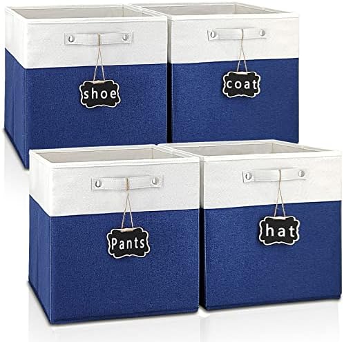 12x12 Collapsible Fabric Storage Cubes, Set of 4, White Blue, Linen Cardboard, 40 lbs Capacity, Kallax Compatible by Storageexperts