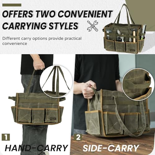 Tool Bag, Heavy Duty 16oz Waxed Canvas Garden Tool Organizer Tote with Reinforced Bottom, Large Capacity & 11 Slots, Dual Handles Tool Carrier for Gardening Carpentry DIY Tools | Army Green - Image 4