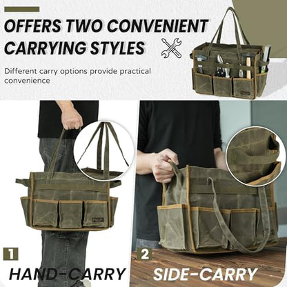 Tool Bag, Heavy Duty 16oz Waxed Canvas Garden Tool Organizer Tote with Reinforced Bottom, Large Capacity & 11 Slots, Dual Handles Tool Carrier for Gardening Carpentry DIY Tools | Army Green - Image 4