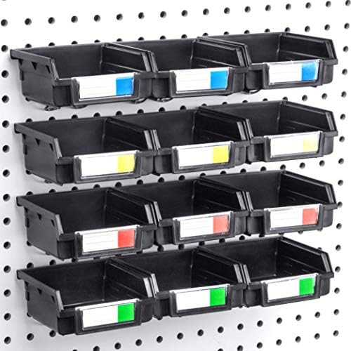 Pegboard Bins - 12 Pack Black - Hooks to Any Peg Board - Organize Hardware, Accessories, Attachments, Workbench, Garage Storage, Craft Room, Tool Shed, Hobby Supplies, Small Parts by RightArrange
