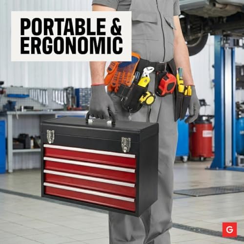 4-Drawer Tool Box with Drawers - Portable Metal Tool Box for Mechanics - Heavy Duty Steel Tool Chest with Locking Latches and Top Storage Compartment, Red/Black - Image 6