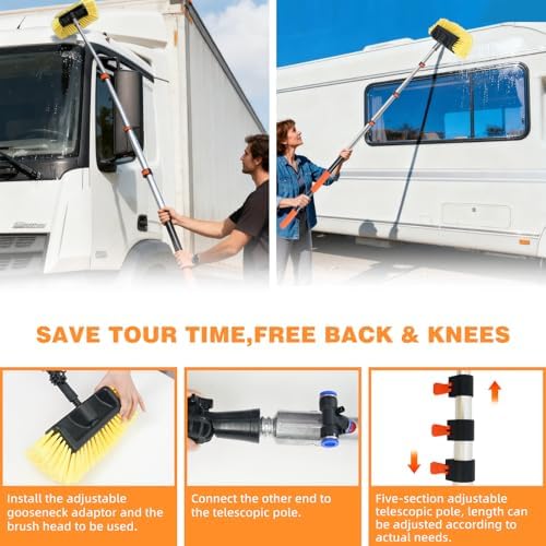 12FT Car Wash Brush with Long Handle Telescoping Extension Pole Angle Adapter with 12" Soft and Hard Bristle Scratch-Free for Cleaning Car Truck RV House Floor Window Roof Solar Panels - Image 4