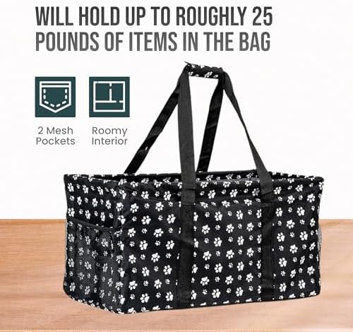 Extra Large Utility Tote Bag - Oversized Collapsible Reusable Wire Frame Rectangular Canvas Basket With Two Exterior Pockets For Beach, Pool, Laundry, Car Trunk, Storage - Dog Paw - Image 5