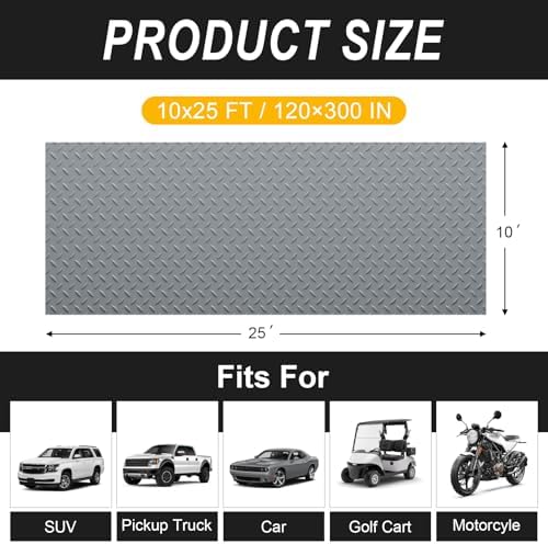 Grandroad auto 10x25 FT Garage Floor Mat, 2.8mm Thickened Flooring Roll for Under Car Diamond Plate PVC Rubber Mat with 20 Pcs Tapes, Non-Slip Floor Mat for Garage, Warehouse, Trailer, Gyms, Gray - Image 2