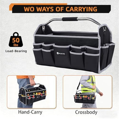 20in Tool Bags For Men Heavy Duty, 22 PCS Pockets Tool Bag Organizer Foldable Open Top Tool Bag With Handle, Wide Mouth Electrician Tool Tote, Grey - Image 6