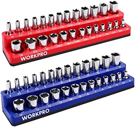 WORKPRO 1/4-inch Magnetic Socket Organizer Set, 2-Piece SAE & Metric Socket Holders, Holds 52 Standard and Deep Sockets for Tool Box, Tool Carts (Sockets Not Included) by WORKPRO