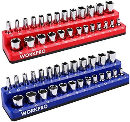WORKPRO 1/4-inch Magnetic Socket Organizer Set, 2-Piece SAE & Metric Socket Holders, Holds 52 Standard and Deep Sockets for Tool Box, Tool Carts (Sockets Not Included) by WORKPRO