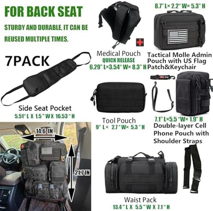 7 PACK Tactical Seat back organizer Truck organizer With 6 Detachable Pouches Universal For Car Truck Ford Jeep Military-Grade Heavier Panels With Multi-functional Packs (7-PACK-Upgrade) - Image 3