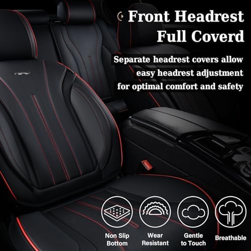 Coverado Car Seat Covers Full Set, Leather Seat Covers for Car, Waterproof Seat Covers, Automotive Seat Cushions, Breathable Car Seat Protector Universal for Most Sedans, Trucks, SUV (Black &Red Line) - Image 6