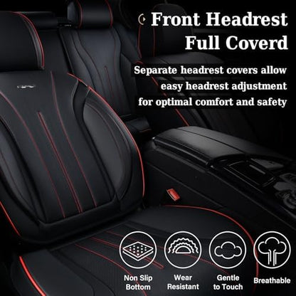 Coverado Car Seat Covers Full Set, Leather Seat Covers for Car, Waterproof Seat Covers, Automotive Seat Cushions, Breathable Car Seat Protector Universal for Most Sedans, Trucks, SUV (Black &Red Line) - Image 6