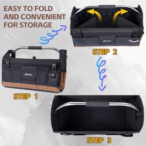 22 Inch Tool Bag, Foldable 19 Pockets Tool Tote Bags with Tool Organizer with Adjustable Shoulder Strap, Easy Carry and Easy Tool Access Open Top Tool Bag - Image 4