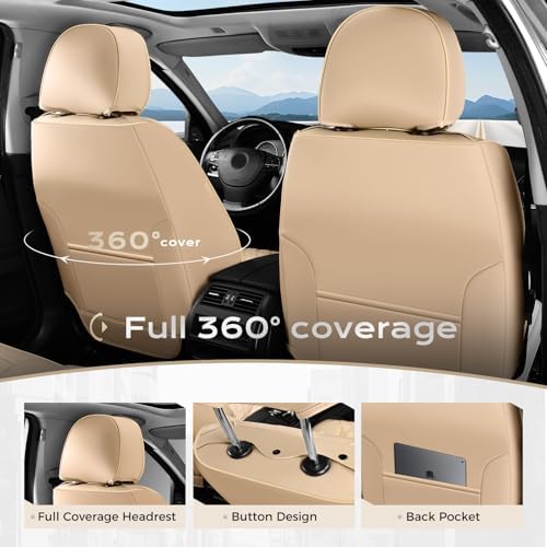 Coverado Front Car Seat Covers, Faux Leather Oil-Resistant Non-Slip Cushions, Universal Fit for Sedans, Pickups, SUVs, Waterproof Seat Covers, Car Seat Protectors – Beige - Image 3