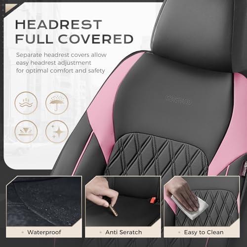 Coverado Leather Seat Covers, Waterproof Car Seat Covers Front Seats, Luxury Front Car Seat Covers Faux Leather Car Seat Protector, Automotive Car Seat Covers Universal Fit Most Cars Truck, Black&Pink - Image 4