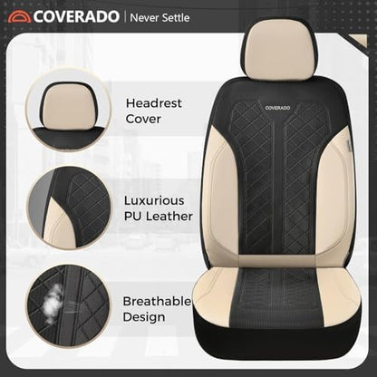 Coverado Front Seat Covers, Beige Seat Covers 2 Seats, Leather Car Protectors 2-Pack, Auto Seat Covers Spill-Proof Design Universal Fit for SUV, Vans, Sedan, Truck - Image 2
