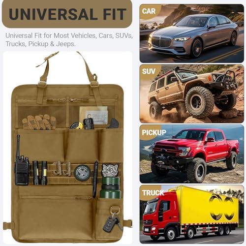 Tactical Car Seat Organizer with Multiple Pockets, MOLLE Panel System & Mesh Compartments, Durable Nylon ​Universal Vehicle Seat Back Storage with Cup Holder, Water-Resistant (Mud)​ - Image 4