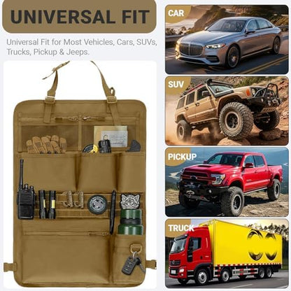 Tactical Car Seat Organizer with Multiple Pockets, MOLLE Panel System & Mesh Compartments, Durable Nylon ​Universal Vehicle Seat Back Storage with Cup Holder, Water-Resistant (Mud)​ - Image 4