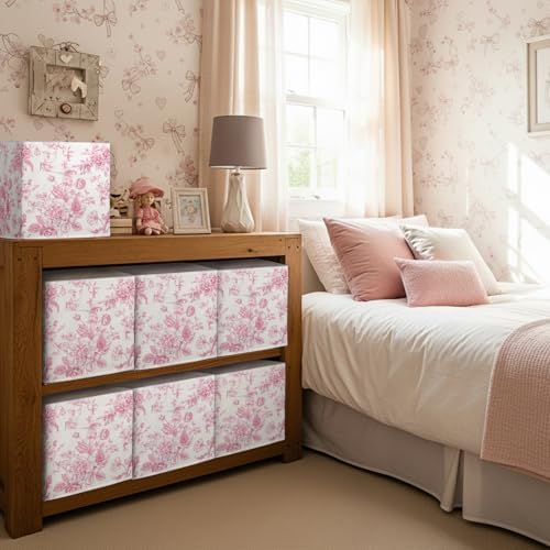 Geelin 6 Pcs Pink Floral Cube Storage Bins 11 in Storage Basket with Handle - Image 6