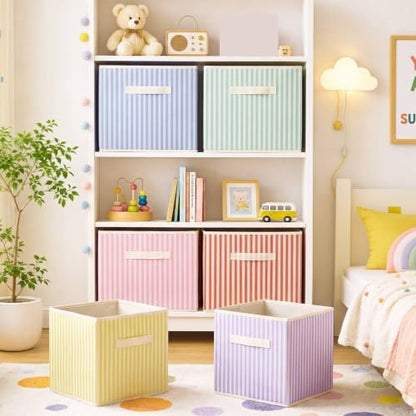 Amyhill 6 Pack Mixed Colors Striped Basics Collapsible Fabric Storage Bins - Image 5