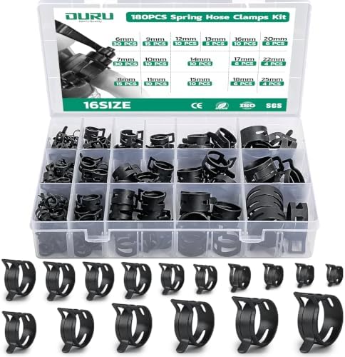 OURU 180PCS Spring Band Hose Clamps Assortment Kit, 6-25mm, 16 Sizes by OURU