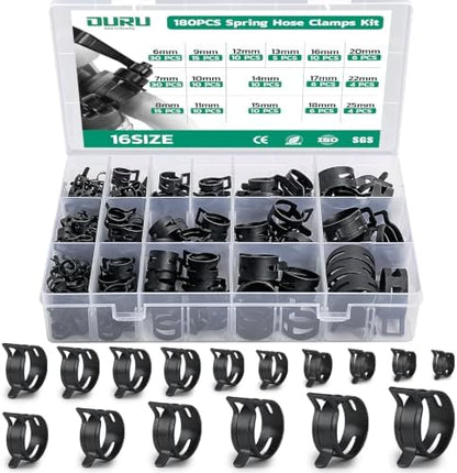 OURU 180PCS Spring Band Hose Clamps Assortment Kit, 6-25mm, 16 Sizes by OURU