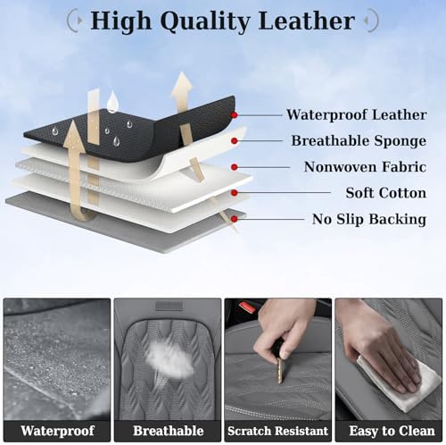 Coverado Car Seat Cover Full Set, Waterproof Front and Back Seat Covers for Cars, 5-Pack Leather Seat Covers, Car Seat Protectors, Driver Seat Cushions Fit for Most Vehicles Gray - Image 5