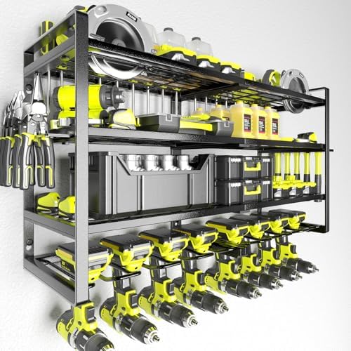 KAFAHOM Power Tool Organizer-8 Drill Holder Wall Mount,4 Layer Heavy Duty Metal Power Tool Storage Rack,Garage Tool Organizer and Storage with Screwdriver Holder/Plier Holder/Hammer Holder by KAFAHOM