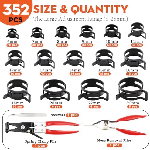 352Pcs Spring Band Hose Clamp Kit with Pliers, 15 Sizes 6-25mm Black Carbon Steel Spring Clamps for Fuel Lines Coolant Vacuum Hoses,Automotive Marine DIY - Image 3