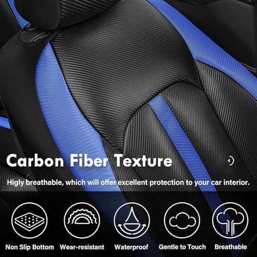 Coverado Leather Car Seat Covers Front Seats & Carbon Fiber, Waterproof and Durable All Weather Protector, Universal Fit for SUV, Pickup Truck, Sedan, Automotive Vehicle Interior, Black&Blue - Image 4