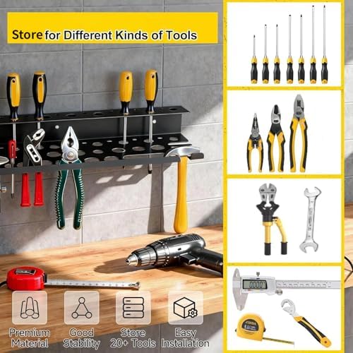 Metal Screwdriver Organizer, 15.75inch Utility Wall Mount Tool Organizer for Screwdrivers Pliers Holder with 35 Holes, Hand Tool Storage Rack for Workbench, Garage, Warehouse (Black, 2 Layers) - Image 2