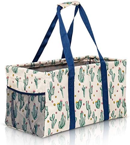 Extra Large Utility Tote Bag, Oversized Collapsible Reusable Wire Frame Rectangular Canvas Basket With Two Exterior Pockets For Beach, Pool, Laundry, Car Trunk, Storage - Cactus White by Lucazzi