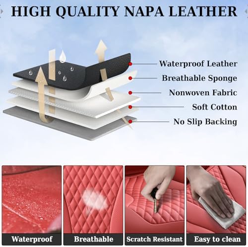 Coverado Red Nappa Leather Car Seat Covers Front Seats ，Waterproof Car Seat Protector & Cushion, Universal Fit for Most Cars - Image 6