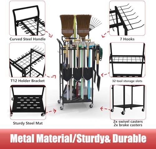 Faesun Garden Tool Organizer with Wheels, Rolling Yard Tool Rack with 14 Hooks & 5 Slots, 3-Tier Metal Cart Holds 50+ Rakes/Shovels/Brooms, Mobile Lawn Storage for Garage Shed Outdoor - Image 3