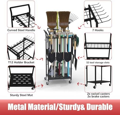 Faesun Garden Tool Organizer with Wheels, Rolling Yard Tool Rack with 14 Hooks & 5 Slots, 3-Tier Metal Cart Holds 50+ Rakes/Shovels/Brooms, Mobile Lawn Storage for Garage Shed Outdoor - Image 3