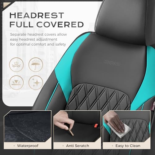 Coverado Front Seat Covers, Car Seat Covers for Cars, Waterproof Driver Seat Covers, Faux Leather Car Seat Cushion, Front Auto Seat Covers Luxury Car Seat Protector Universal Fit Most Cars, Black&Blue - Image 6