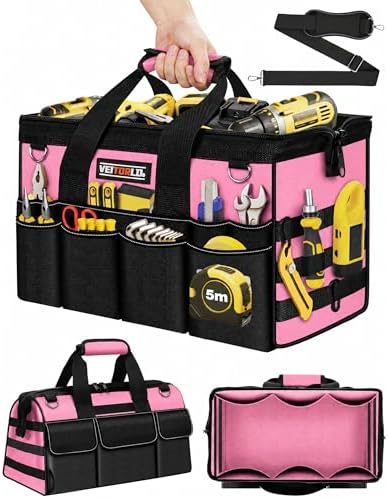 Veitorld 16-Inch Tool Bag Tool Box Organizer, Heavy Duty Tool Organizer with 19 Pockets, Wide Mouth Design for Easy Access, Portable Tool Tote Gift for Women and Men, Garage, Workshop, Pink by VEITORLD