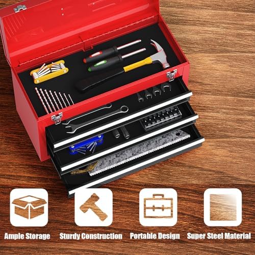 Goplus Tool Box with 3 Drawers, 4-Tier 20.5" Portable Tool Chest Organizer with Top Tool Tray, Auto Lock, Protective Liner, Handle, Steel Metal Small Toolbox for Gargae, Workshop, Home - Image 5