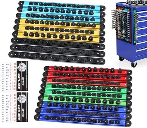 18-Piece Magnetic Socket Holder Organizer Set (Holds 240 Sockets), Heavy Duty 1/2, 3/8, 1/4-Inch Socket Racks Premium Quality Socket-Clip Rail Holder Aluminum Sockets Rack Kit for Tool Box Drawer by SEDY