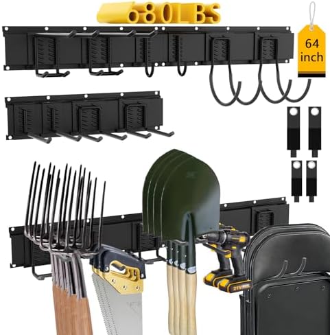 CBWLWJ 64 Inch Garage Tool Organizer Wall Mount, Heavy Duty Steel Storage Rack with 10 Adjustable Hooks, 680 lbs Capacity for Garage, Shed, Basement, Workshop,（Black） by CBWLWJ