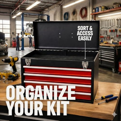 4-Drawer Tool Box with Drawers - Portable Metal Tool Box for Mechanics - Heavy Duty Steel Tool Chest with Locking Latches and Top Storage Compartment, Red/Black - Image 4