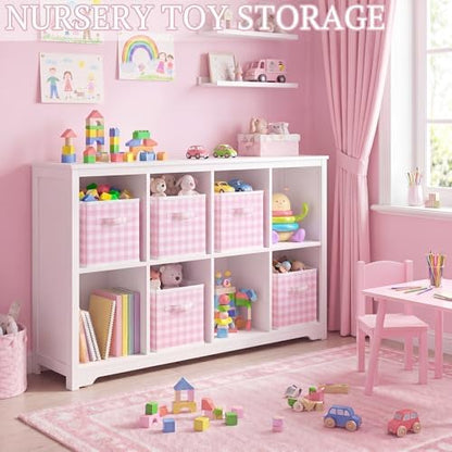 Yalikop 6 Pcs Pink Gingham Cube Storage Bins, 11 Inch Fabric Checkered Classroom Storage Bins Organizer with Handle Preppy Collapsible Cubby Basket for Classroom Home Nursery Playroom Bedroom - Image 6