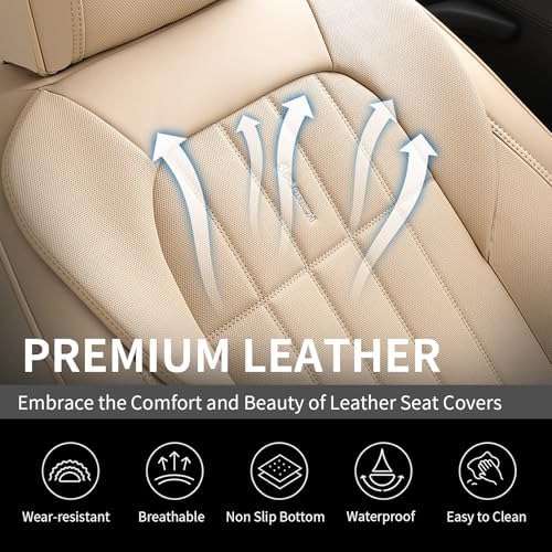 FLORICH Seat Cover, Car Seat Covers Front Set, Waterproof Leather Car Seat Protector, Front Seat Covers for Cars, Automotive Seat Covers Protector 2 Pack Fit for Most Cars Trucks SUV - Beige - Image 4
