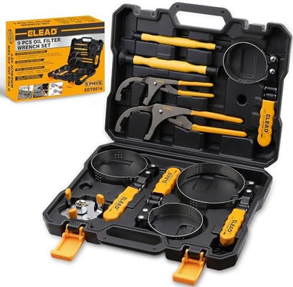 ELEAD 9-Piece Ultimate Oil Filter Wrench Set - Professional Oil Filter Removal Tool, Swivel Head Oil Filter Wrenches, Adjustable Oil Filter Remover Pliers, Universal Oil Filter Wrench and Valve Lapper by ELEAD
