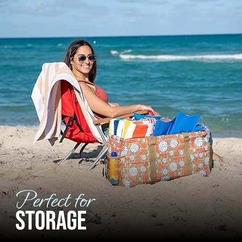 Extra Large Utility Tote Bag - Oversized Collapsible Reusable Wire Frame Rectangular Canvas Basket With Two Exterior Pockets For Beach, Pool, Laundry, Car Trunk, Storage - Volleyball - Image 2