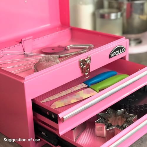 Apollo Tools 14 Inch Steel Tool Box with Deep Top Compartment and 2 Drawers in Heavy-Duty Steel With Ball Bearing Opening and Powder Coated Finish - Pink Ribbon - Pink - DT5010P - Image 3